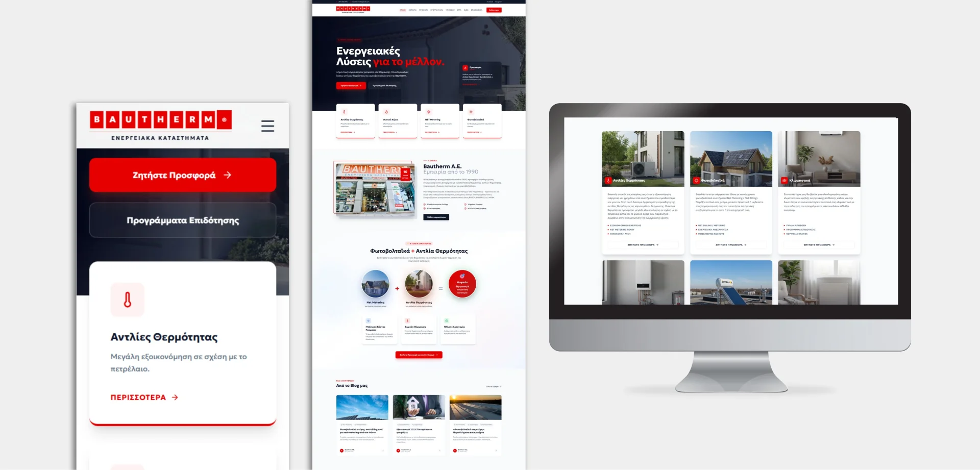 Bautherm website presentation showing mobile enquiry actions and energy service pages