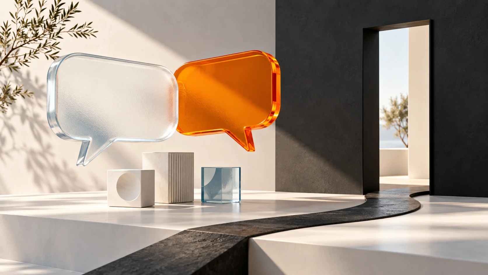 Original editorial illustration of glass conversation shapes leading towards a business doorway