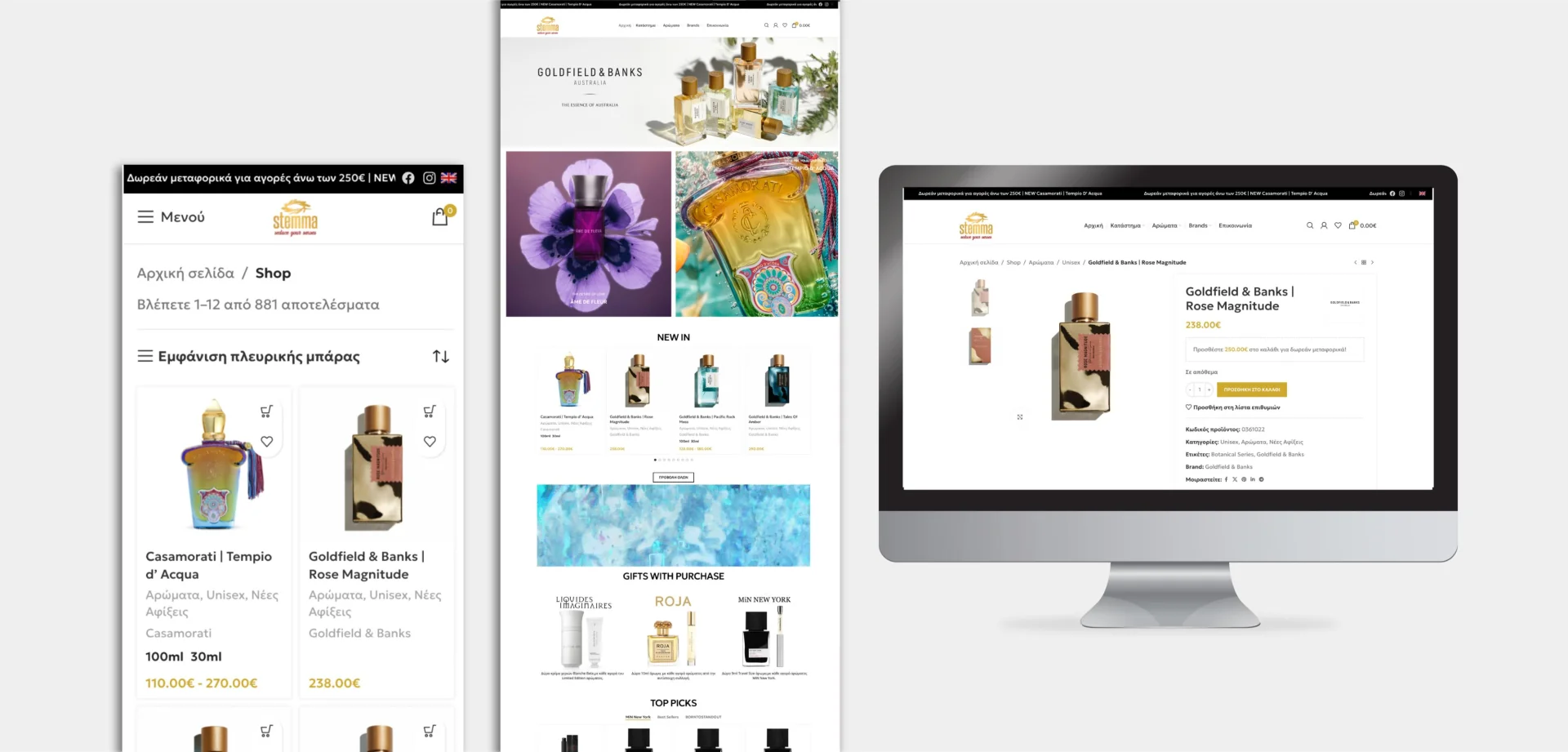 Stemma Cosmetics shop presentation showing mobile product listings and a desktop product page