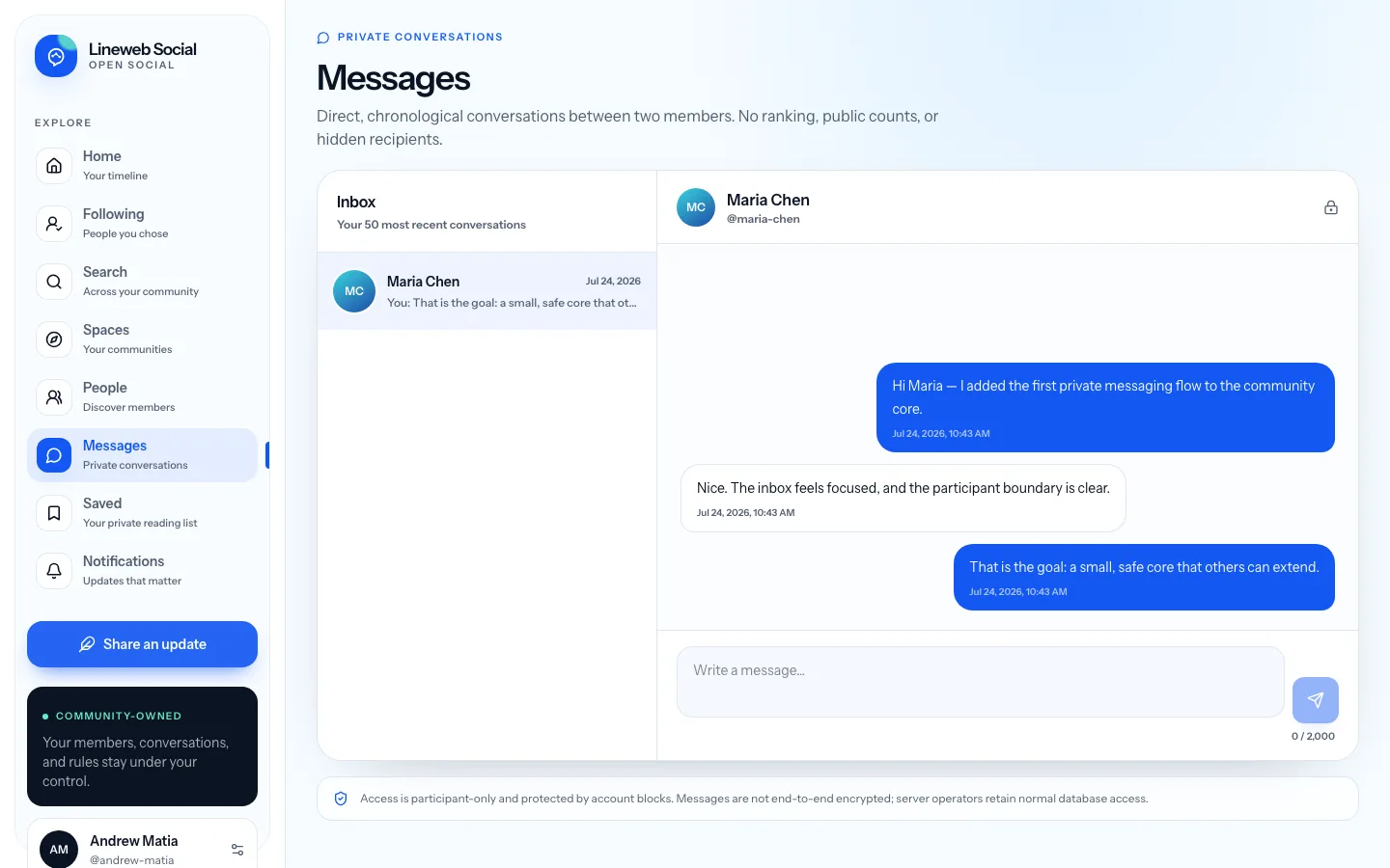 Lineweb Social participant-only direct messages