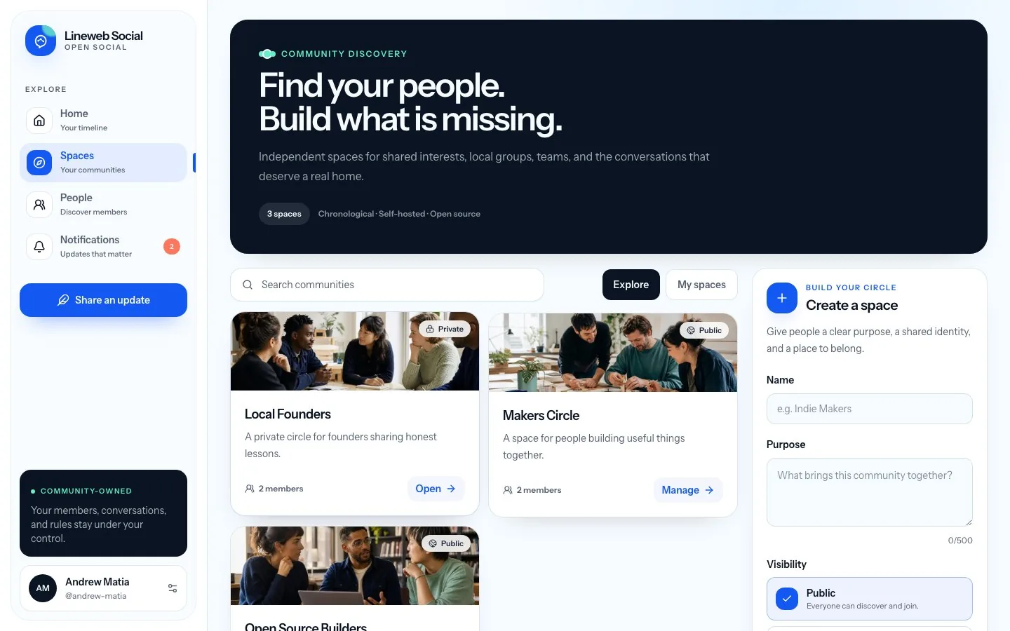 Lineweb Social searchable Spaces directory