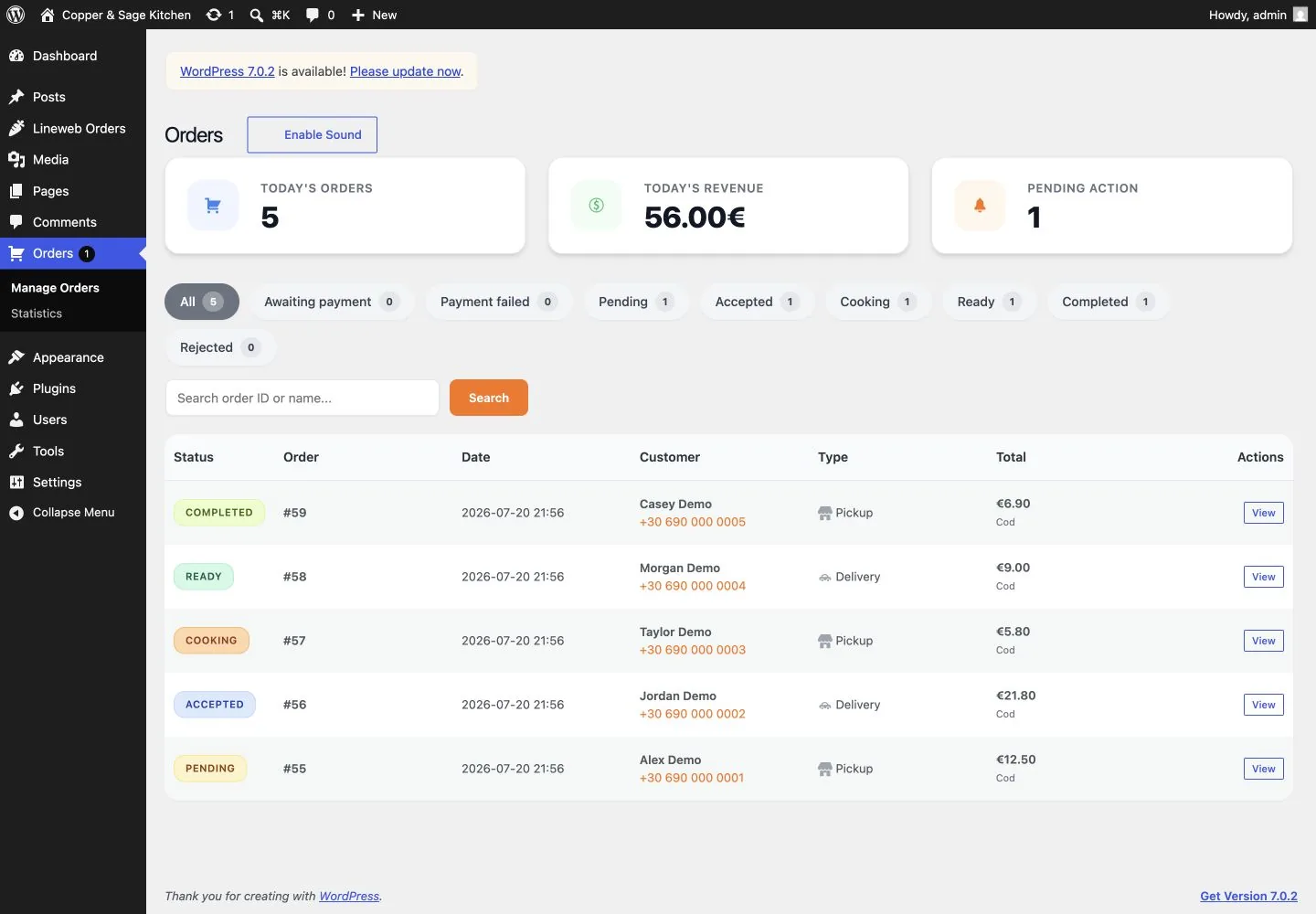 Lineweb Restaurant Orders management dashboard in WordPress