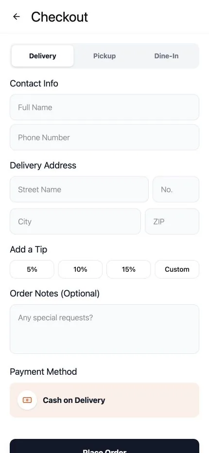 Restaurant delivery, pickup and dine-in checkout on mobile