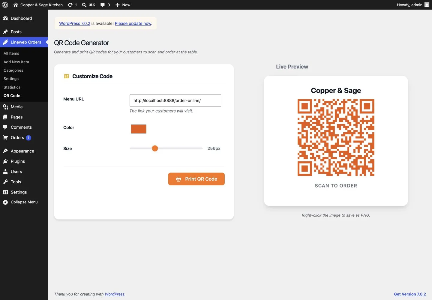 Local restaurant ordering QR-code generator and print preview