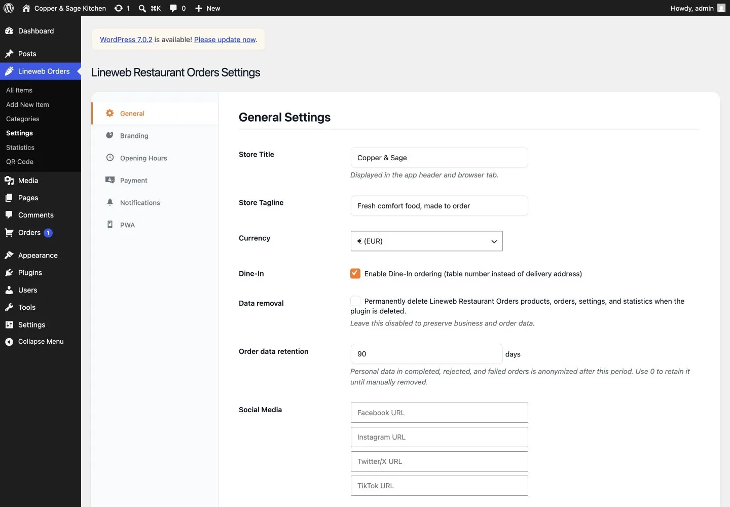 Lineweb Restaurant Orders store, payment and privacy settings