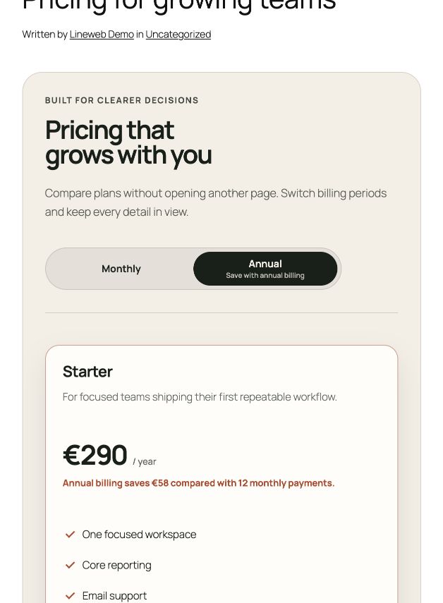 Pricing table built with LineWeb's native Gutenberg blocks
