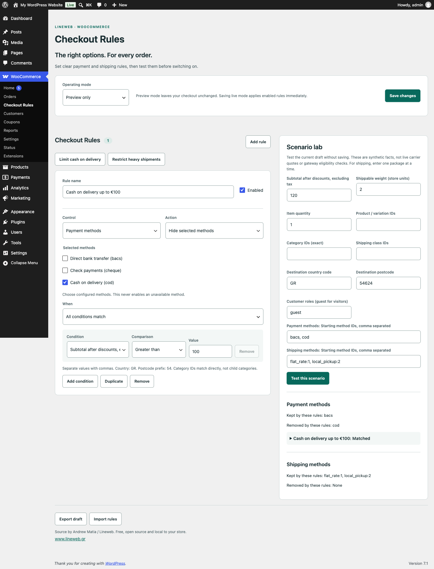 WooCommerce payment and shipping rules with a preview